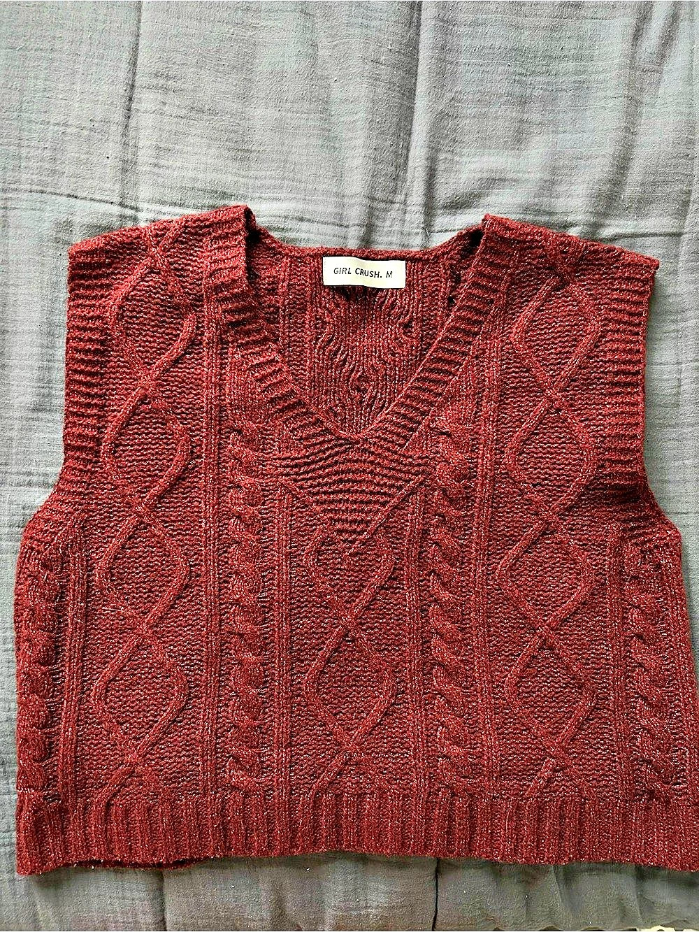 Girl Crush Cable Knit V-Neck Sweater Vest in Burgundy Like New